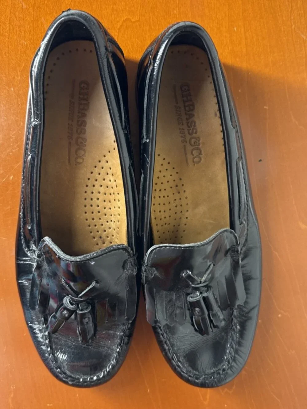Vintage G.H. Bass Tassel Loafers Black Patent Leather Shoes Women's Size 6.5M